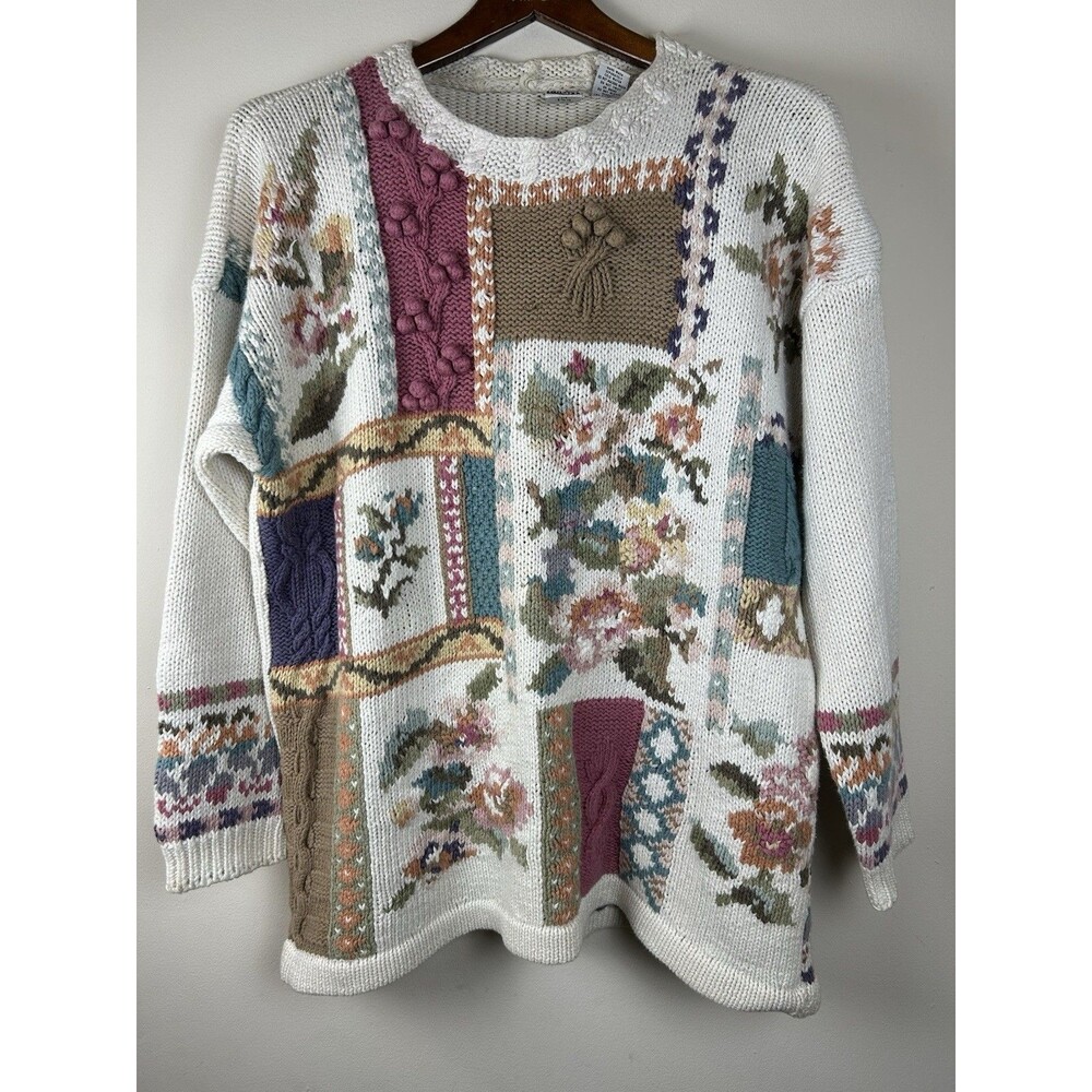 VTG 80s Red Camel 3D Patchwork Floral Knit Sweater Cottagecore Grandmacore M